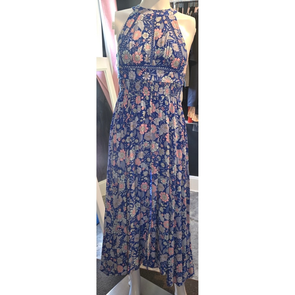 Abel The Label Floral Halter Maxi Dress Blue Purple Open Back Smocked Waist XL
